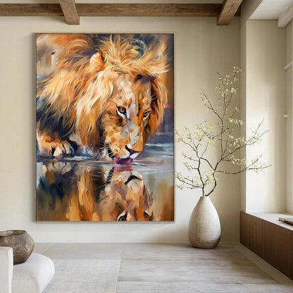 “Lion Drinking at Waterhole” - Realistic Wildlife Oil Painting On Canvas DKH1647