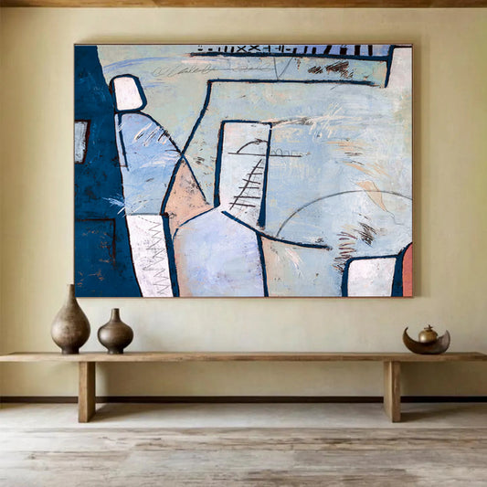 “Blue - Pink Geometric Layers” Abstract Mixed - Media Painting On Canvas DKH547