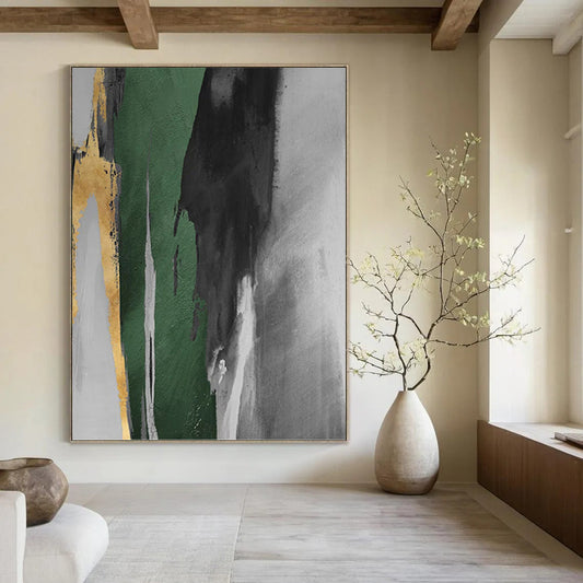 “Gold, Green & Gray Abstract Drips” - Gold, Green, Gray & Black Abstract Painting On Canvas DKH1198