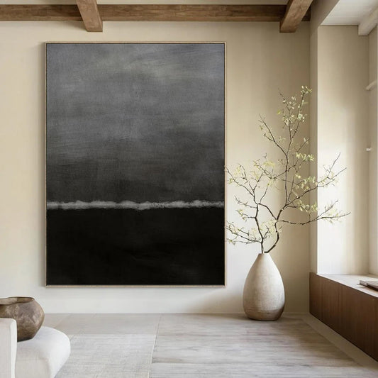 “Black & Gray Minimalist Horizon” - Black & Gray Abstract Minimalist Painting On Canvas DKH1202