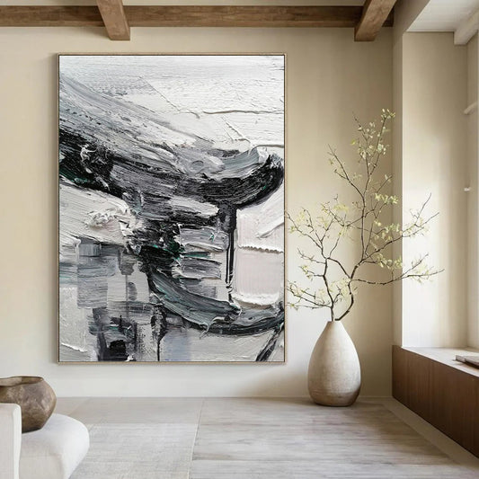 Monochrome Textured Abstraction - Abstract Impasto Painting On Canvas DKH1297