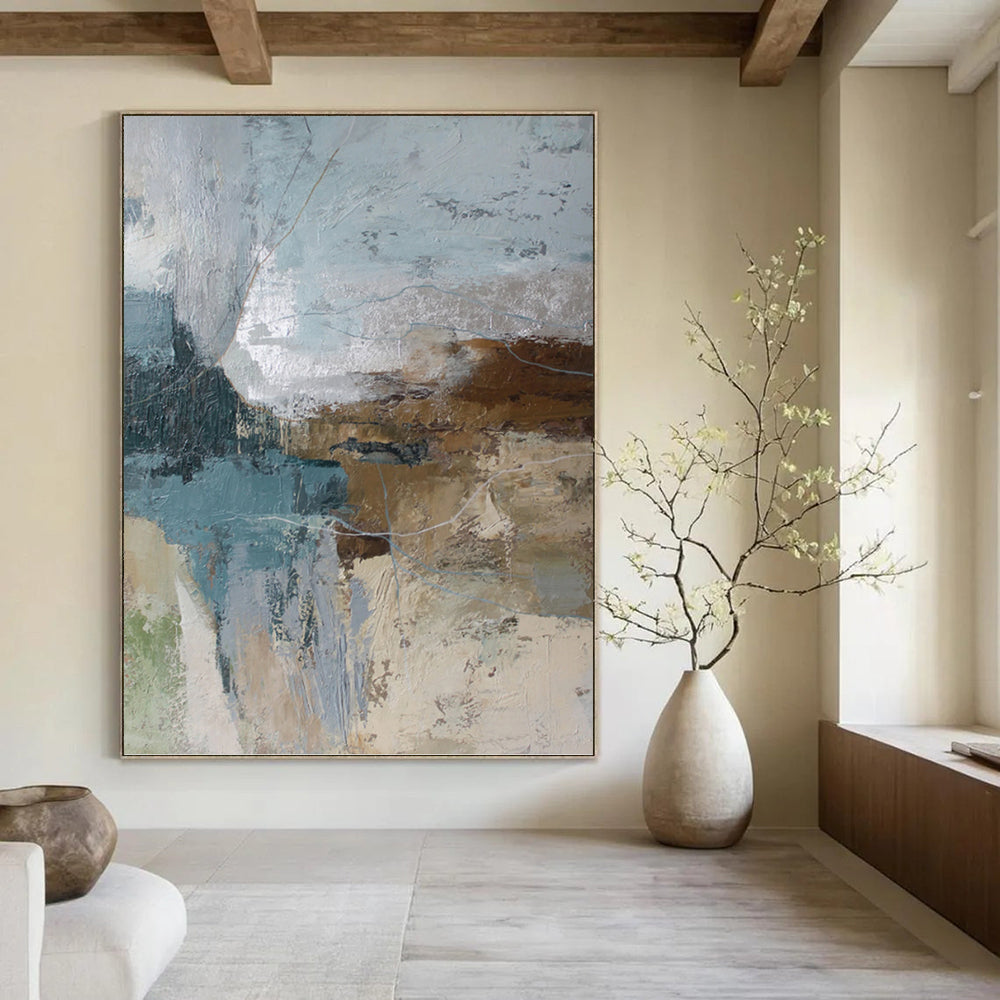 “Blue, Brown & Gray Abstract” - Blue, Brown & Gray Industrial - Inspired Painting On Canvas DKH1012