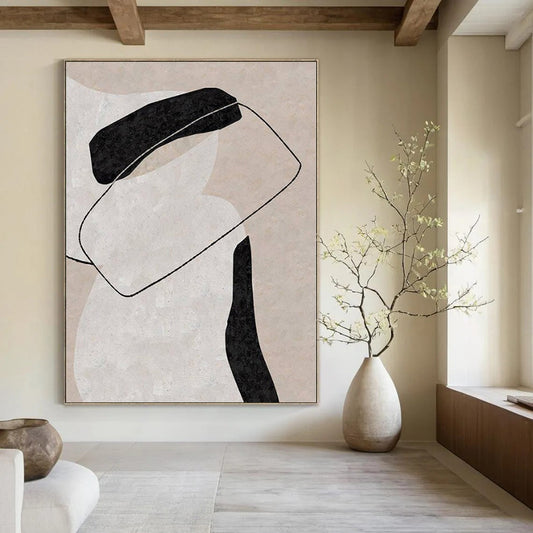 “Beige, Black, and White Interlocking Forms” – Geometric Abstract Painting（Variation） CT1122