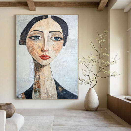 “Vintage Portrait” - Earth - toned Abstract Portrait Painting On Canvas CT2218
