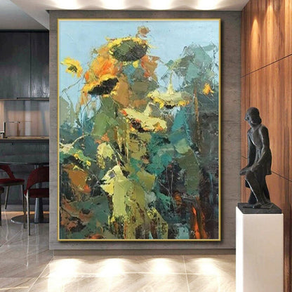 Impasto Sunflower Blooms, “Sunflower Symphony” - Impressionistic Abstract Oil Painting CT0732