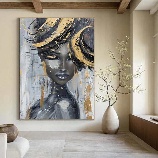 “Glamorous Gold - Accented Lady” - Gray, Black & Gold Abstract Figure Painting On Canvas CT2196
