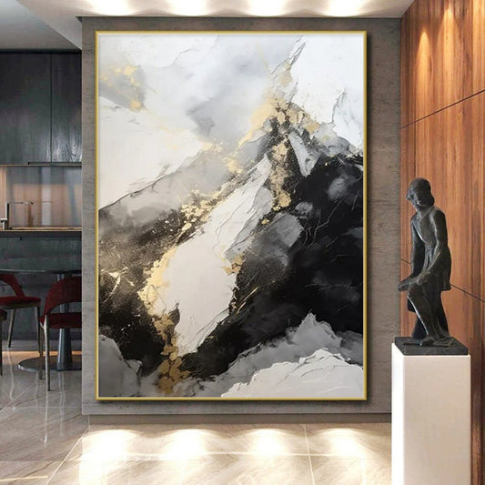 “Dramatic Gray - Black - Gold Peaks” ，Abstract Landscape - Inspired Art CT0871