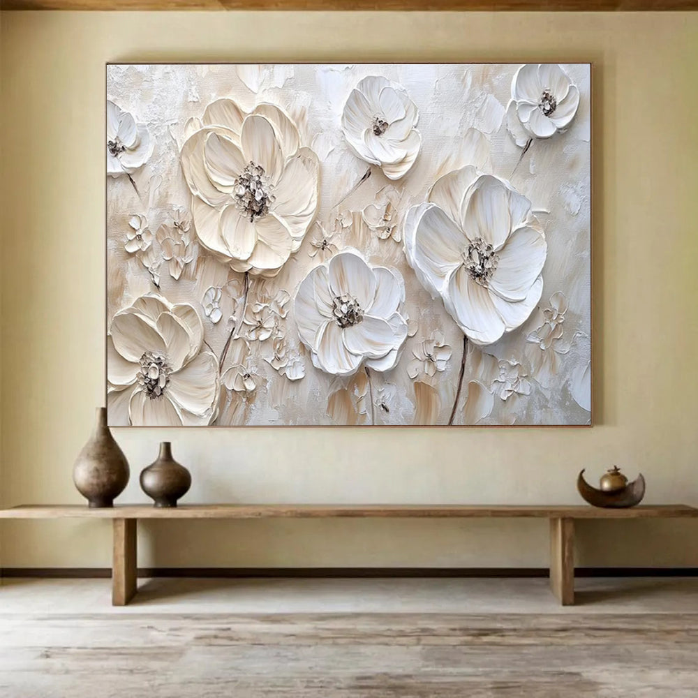 3D White Flowers - Beige & White Floral Painting On Canvas DKH906
