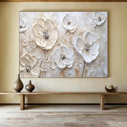 3D White Flowers - Beige & White Floral Painting On Canvas DKH906
