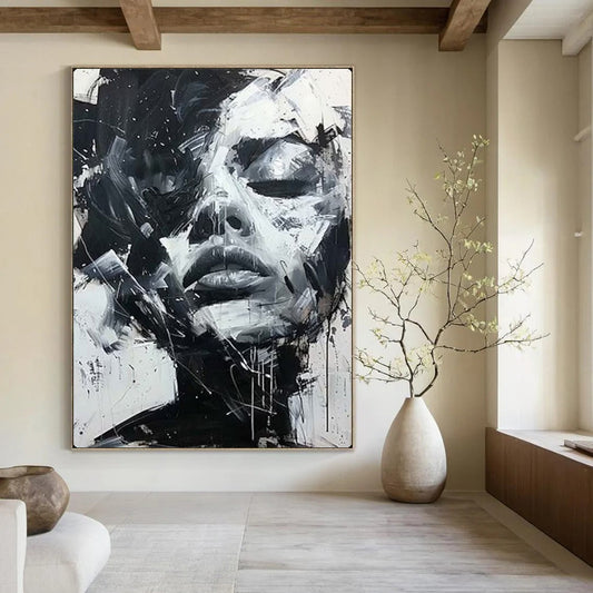 “Dynamic Black - and - White Abstract Face” – Expressive Impasto Portrait Painting On Canvas CT2139