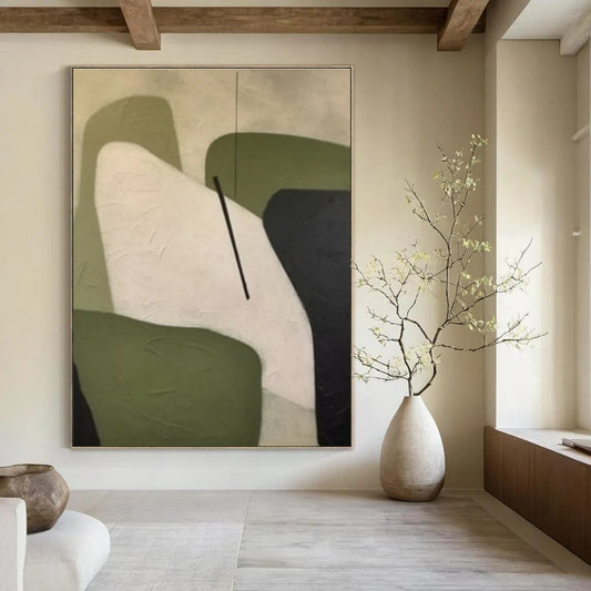 Green, White & Black Organic Shapes - "Nature’s Simplicity" - Abstract Geometric Painting CT1470