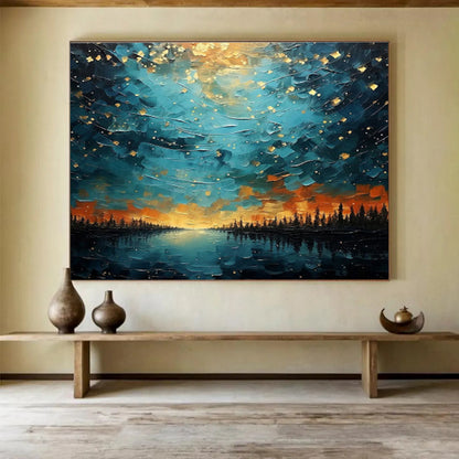 “Starry Lake Vista” - Blue, Gold, Orange Landscape Fantasy Painting On Canvas DKH706