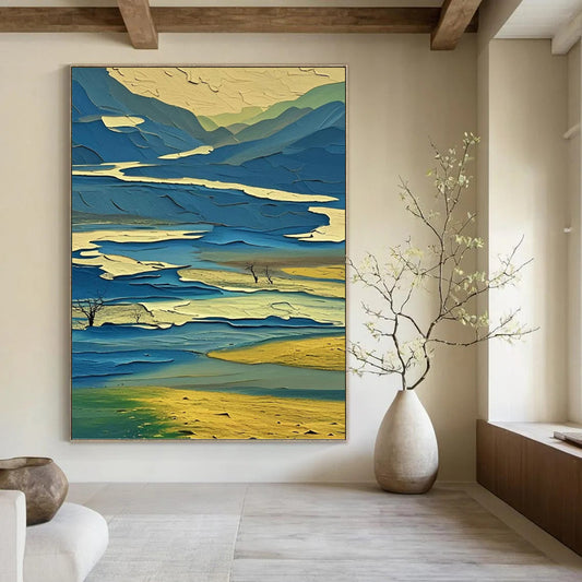 “Colorful Layered Landscape” - Blue, Green & Yellow Cubist - Inspired Painting On Canvas DKH0963