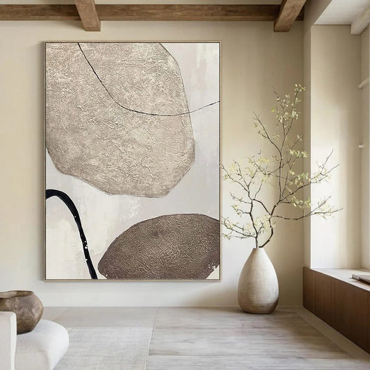 “Textured Neutral Shapes with Black Lines” - Minimalist Abstract Painting On Canvas DKH1121