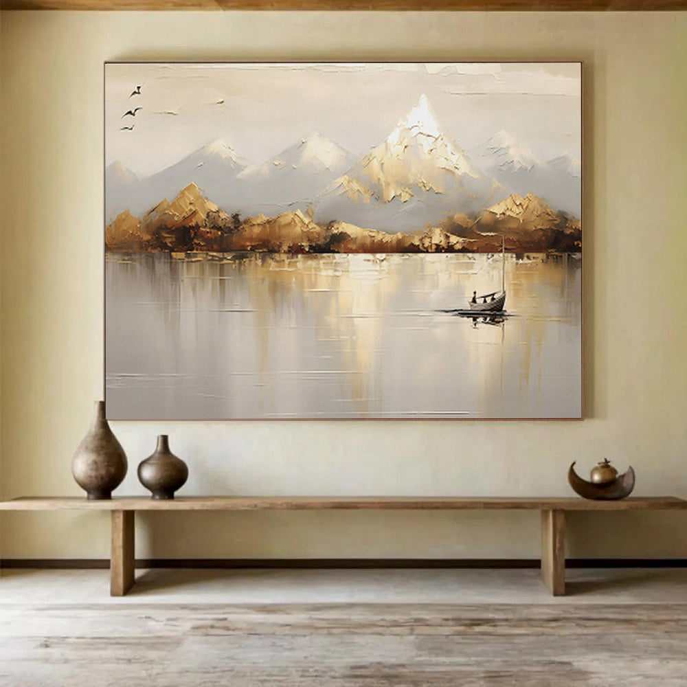 Neutral - Toned Landscape “Serene Mountain Reflection” Painting On Canvas DKH158