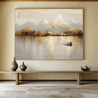 Neutral - Toned Landscape “Serene Mountain Reflection” Painting On Canvas DKH158