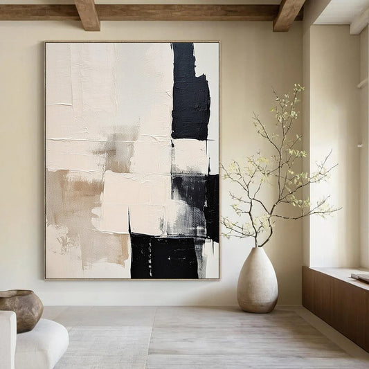 “Beige - Black & White Textured Blocks” – Abstract Block Art CT0978