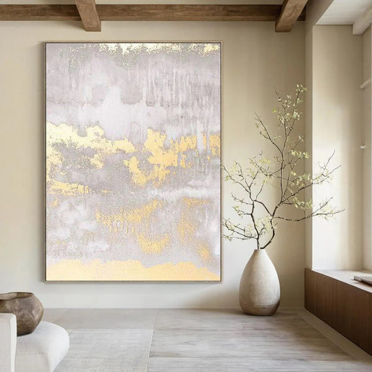 “Gray - Gold Abstract Textures” - Gray, Gold & White Metallic - Accented Painting On Canvas DKH0951