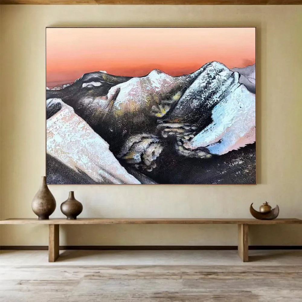 Snow - Capped Mountains Under Orange Sky Painting On Canvas DKH651