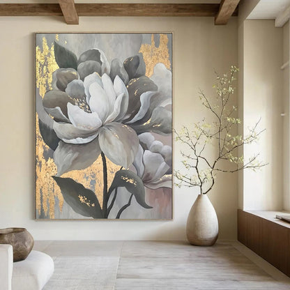 “Elegant Gray & Gold Flowers” - Modern Floral Painting On Canvas DKH1620