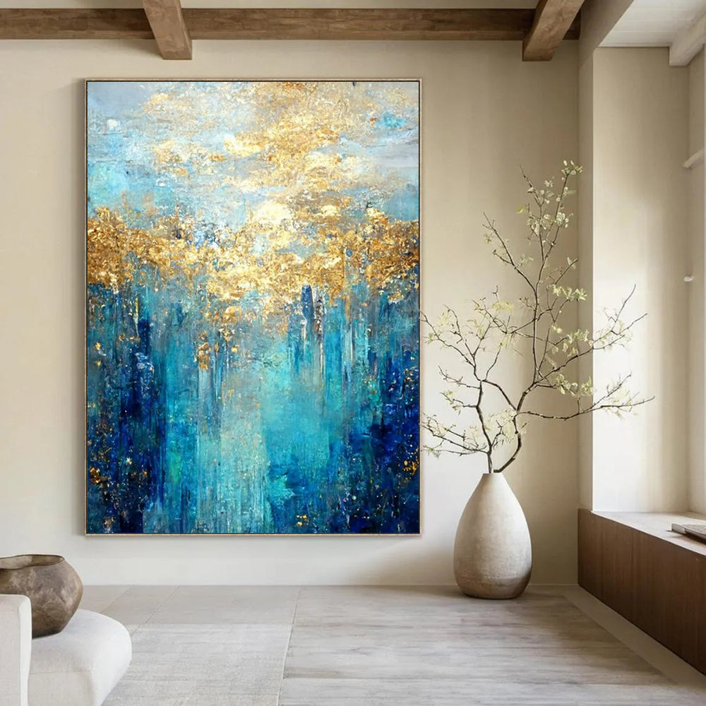 “Turquoise - Gold Abstract Forest” - Abstract Expressionist Painting On Canvas DTP065