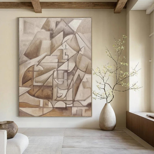 Neutral Tones, Geometric Mountain Abstraction - "Cubist Peaks" - Cubist Oil Painting CT1456