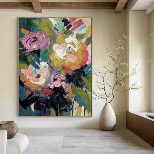 Colorful Floral Bouquet in Green Vase - Bold Flower Painting On Canvas DKH1355