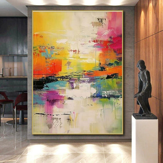 “Fiery Oranges, Pinks, and Cool Reflections” - “Sunset Rhapsody”，Abstract Acrylic Painting CT0699