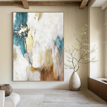 “Turquoise, Gold & White Abstract” - Turquoise, Gold & White Tropical - Inspired Painting On Canvas DKH1014