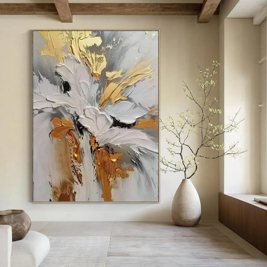 Gold, Gray and White Floral Impasto - Textured Flower Painting On Canvas DKH1386