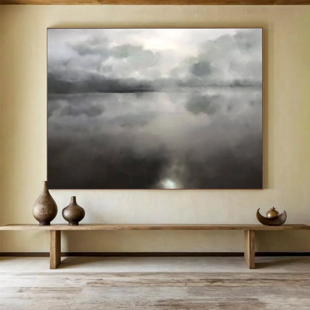 “Misty Gray Lake Reflection” Monochromatic Watercolor - style Painting On Canvas DLZ124