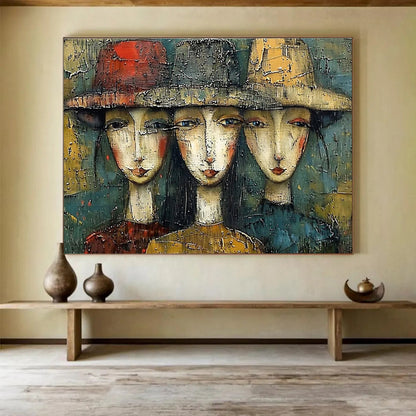 “Textured Trio of Faces” - Earthy Multicolor Portrait Painting On Canvas DKH763