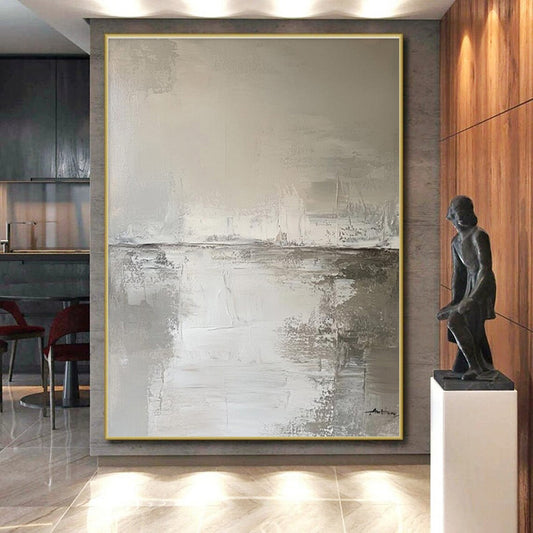 Gray & White Textured Landscape, “Misty Horizon” - Impasto Abstract Landscape Painting CT0772