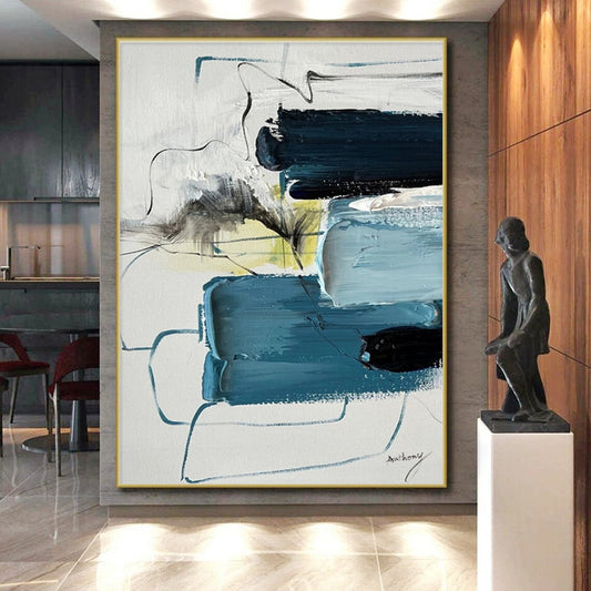 Blue, Black, White & Yellow Abstract Layers, “Oceanic Pulse” - Impasto Abstract Painting CT0779