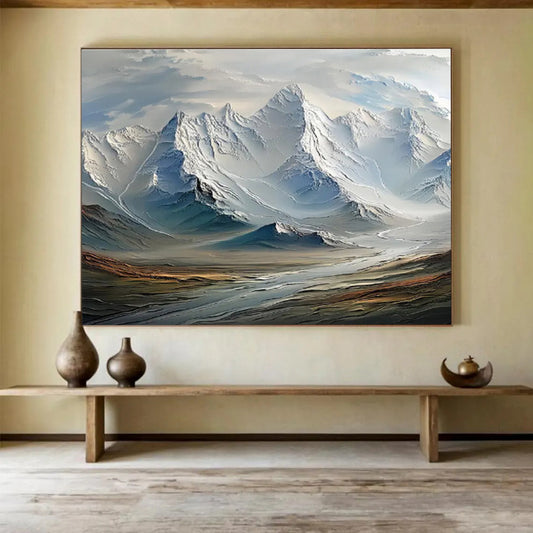 “Snowy Mountain Majesty” - White, Blue, Gray Landscape Digital - style Painting On Canvas DKH728
