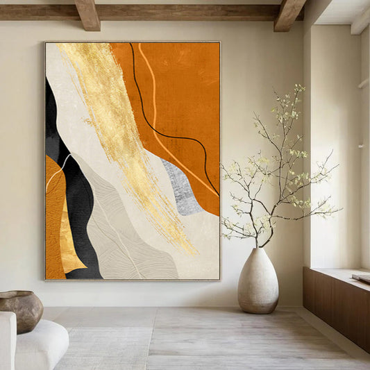 “Golden Flow” - Orange, Gold & Neutral Abstract Curves Painting On Canvas DKH1517