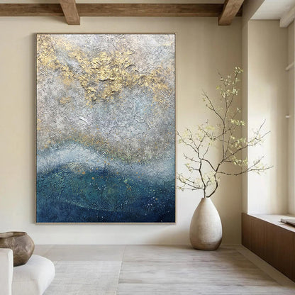 “Textured Gray - Gold Abstraction” - Gray, Gold & Blue Impasto Painting On Canvas DKH0958