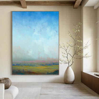 “Soft Sky and Golden Fields” - Blue, Green & Yellow Landscape Painting On Canvas DKH0935