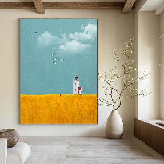 Lighthouse in Golden Field Under Blue Sky - Landscape Painting On Canvas DKH1429