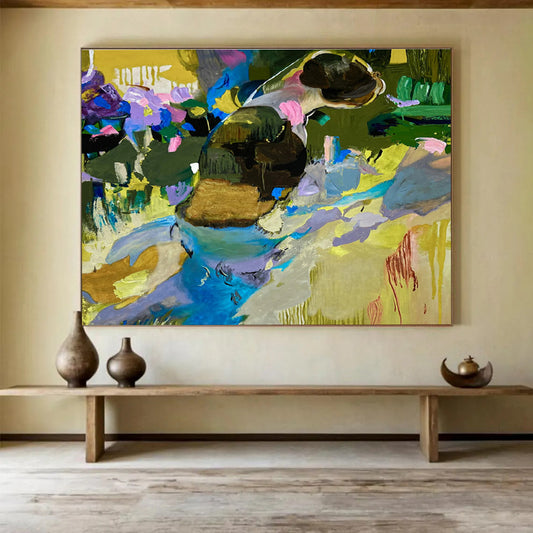 “Color - Drenched Feline in a Garden Dream” - Purple, Blue & Yellow Figurative Abstract Painting On Canvas DKH923