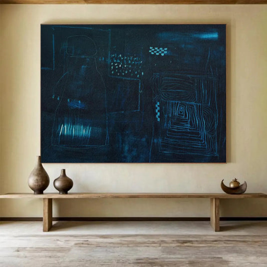 “Deep Blue Abstract Night Forms - Dark Blues and Subtle Lines” Painting On Canvas DKH023