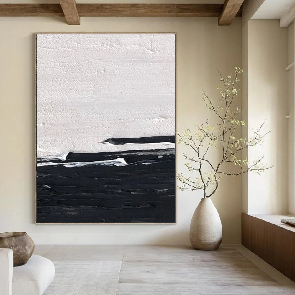 “Black, White Minimalist ‘Silent Horizon’” - Impasto Abstract Painting On Canvas DTP402