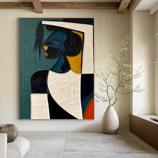 Geometric Figurative Art in Vibrant Hues - Figurative Painting On Canvas DKH1467