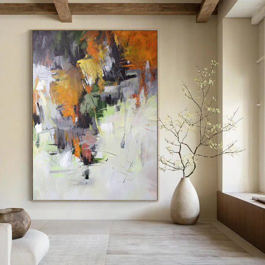 “Autumn - Hued Abstract Landscape” - Orange, Green, Gray & White Seasonal Painting On Canvas DKH1021