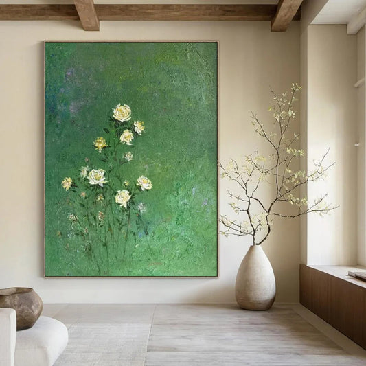 “Yellow Flowers on Green Background” - Impressionistic Floral Oil Painting CT1978