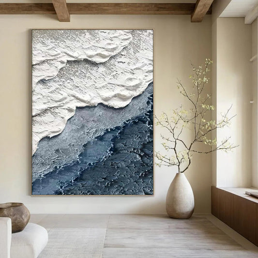 “White, Gray, Blue Textured Shore ‘Coastal Layers’” - Impasto Sea & Sand Painting On Canvas DTP325