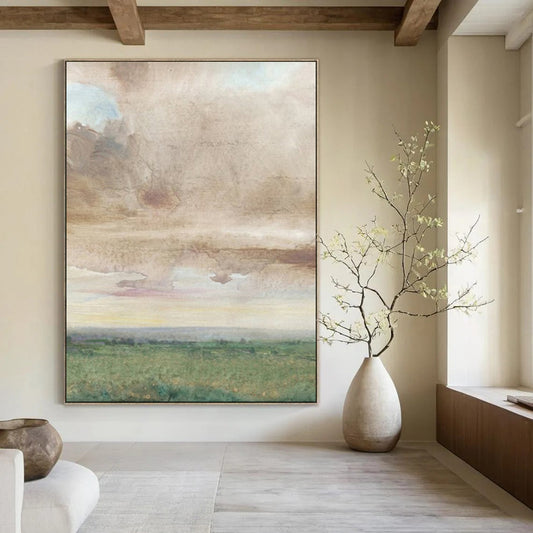 “Muted Sky Over Green Fields” – Watercolor Landscape Painting On Canvas CT2116