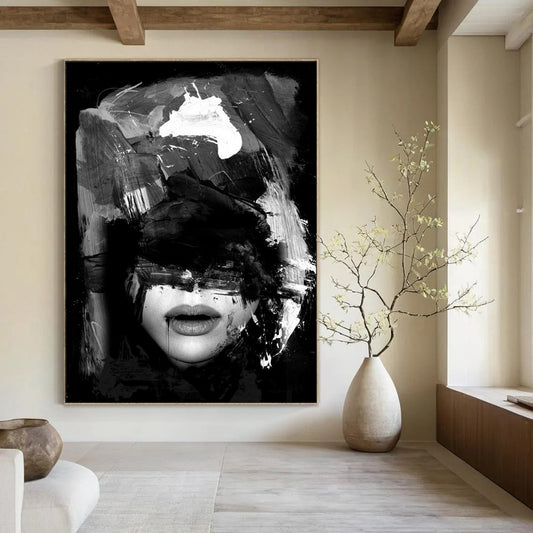 “Black - White Abstract Portrait” - Black, White Abstract Figure Painting On Canvas DTP232