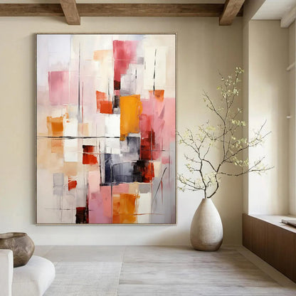 Pink & Orange Abstract Geometry - Colorful Geometric Abstract Painting On Canvas CT2278