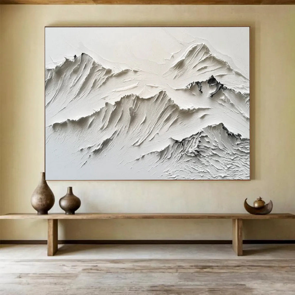 “White Textured Mountain Relief” Impasto Abstract Sculptural Painting On Canvas DKH459